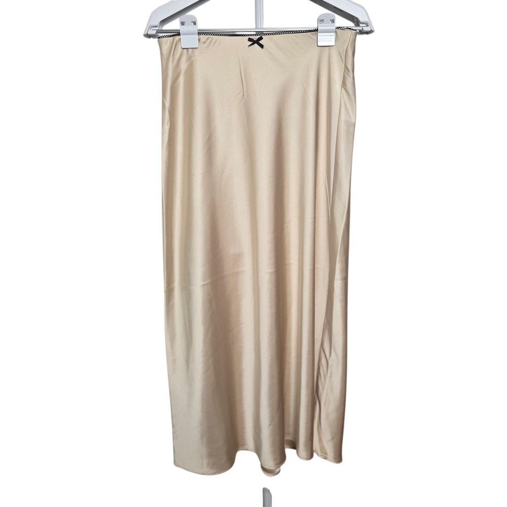Rachel Zoe Sz 6 Champagne Satin Midi Skirt Coquette Bow Picot Lace Elastic Waist